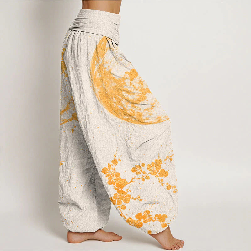 Buddha Stones Cotton Golden Plum Blossom Full Moon Pattern Women's Elastic Waist Harem Pants