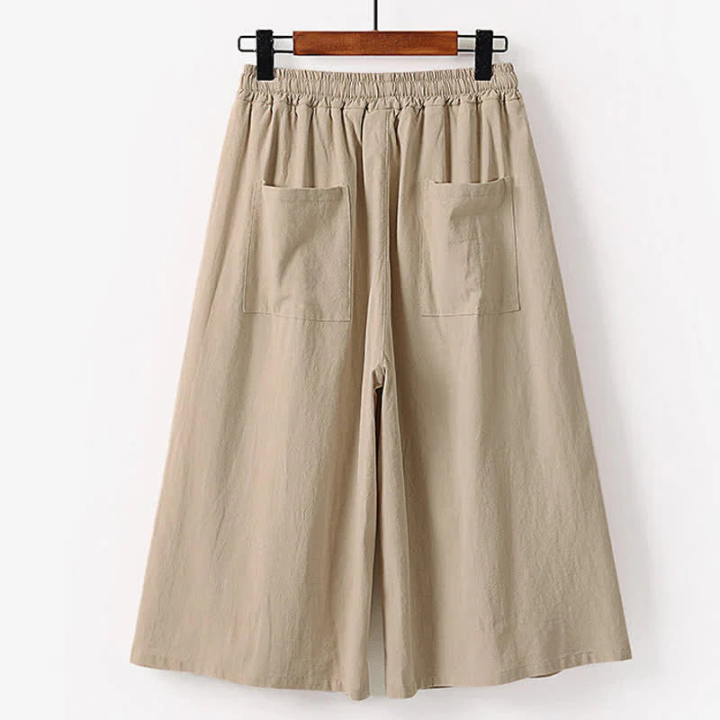 Buddha Stones Summer Embroidery Capri Length Cotton Linen Men's Wide Leg Pants With Pockets