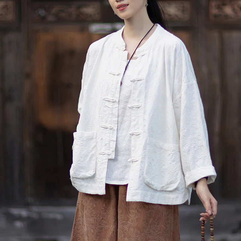 Buddha Stones Fall Jacquard Women's Frog-Button Long Sleeve Shirt Pants Cotton Linen Clothing