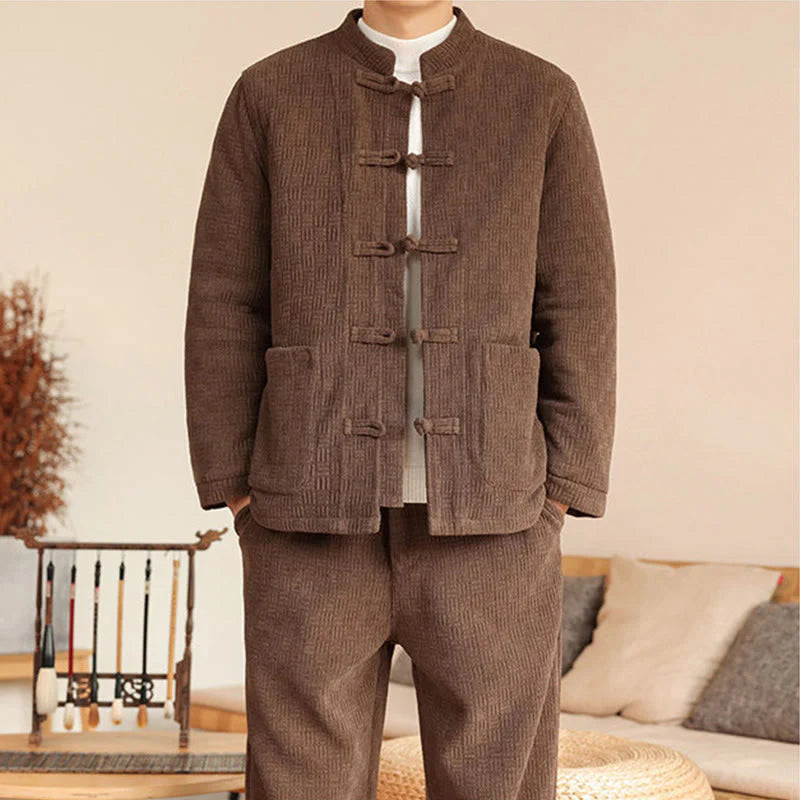 Buddha Stones 2Pcs Winter Solid Men's Tang Suit Frog-Button Cotton Long Sleeve Jacket Pants Set With Pockets