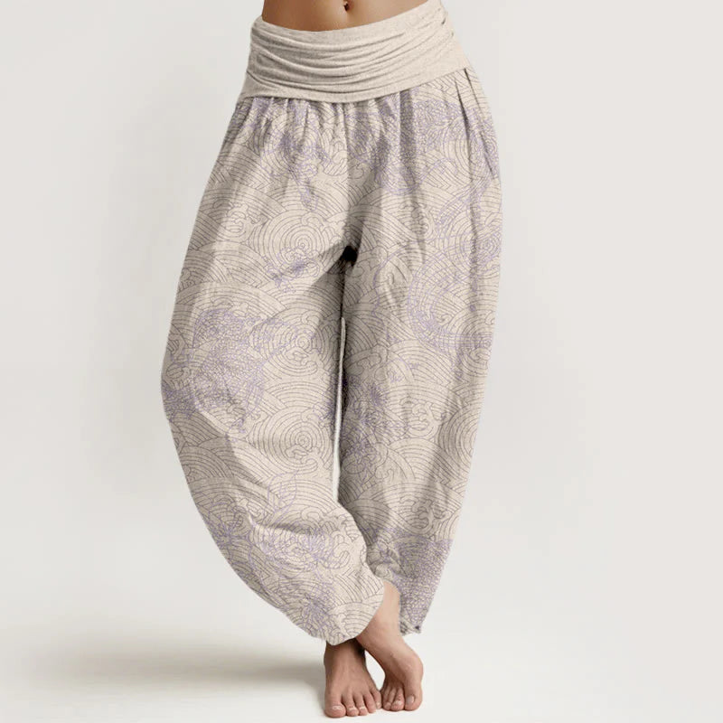 Buddha Stones Pure Cotton Exquisite Koi Fish Flowers Patterns Women's Elastic Waist Harem Pants