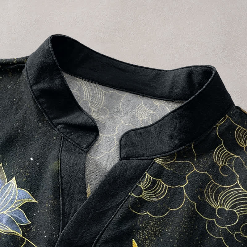 Buddha Stones Cotton Crane Wave Lotus Cloud Pattern Men's Short Sleeve Half Button Shirt