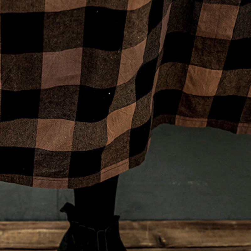 Buddha Stones Commute Patchwork Color Plaid Long Sleeve Cotton Midi Dress