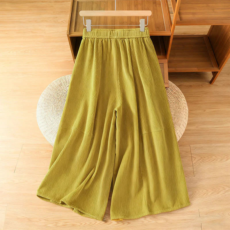 Buddha Stones Plain Elastic Waist Women's Cropped 7-8 Length Wide Leg Corduroy Pants