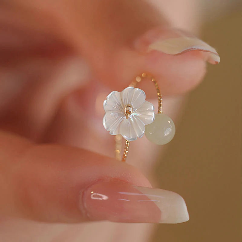 Buddha Stones 14k Gold Plated Round Hetian Jade Tridacna Stone Peach Blossom Flower Butterfly Prosperity Adjustable Ring (Extra 35% Off | USE CODE: FS35)