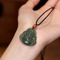 Buddha Stones Laughing Buddha Hetian Jade Healing Calm Necklace String Pendant