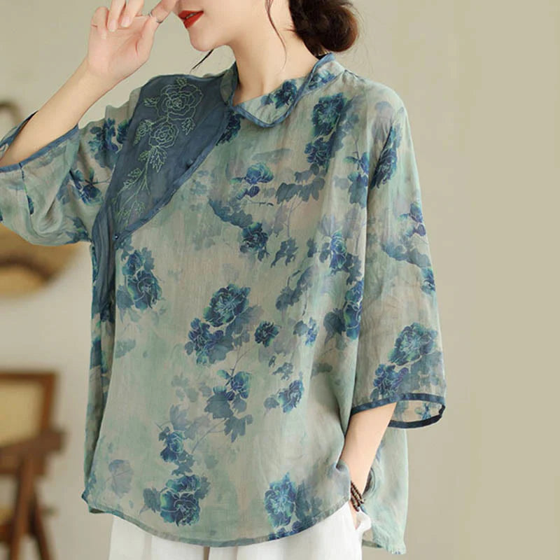 Buddha Stones PLUS SIZE Blue Jacaranda Flower Design Three Quarter Sleeve Ramie Linen Shirt