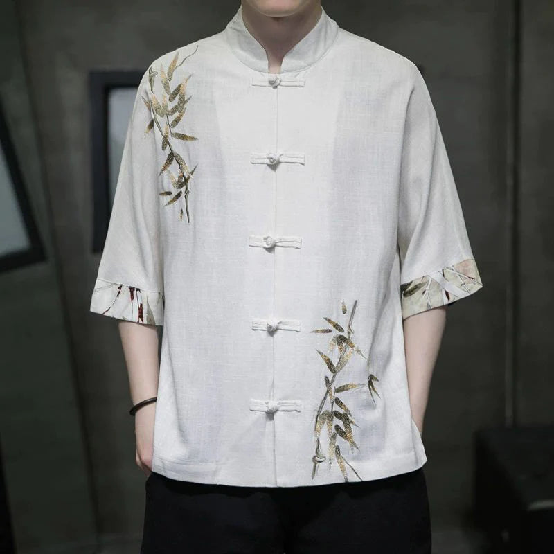 Buddha Stones Men's Frog-Button Bamboo Linen Half Sleeve Shirt