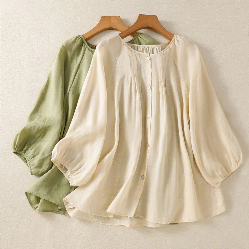 Buddha Stones Plain Button Crew Neck Three Quarter Sleeve Women's Cotton Shirt