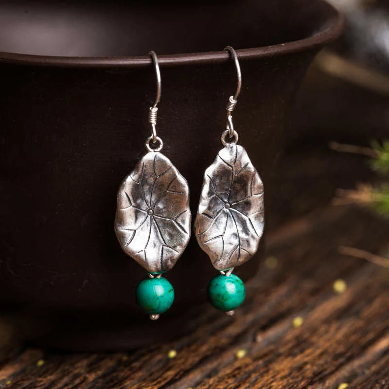 Buddha Stones 925 Sterling Silver Turquoise Lotus Leaf Protection Drop Dangle Earrings