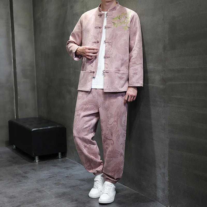 Buddha Stones 2Pcs Spring Dragon Bamboo Clouds Men's Tang Suit Frog-Button Cotton Long Sleeve Jacket Pants Set With Pockets