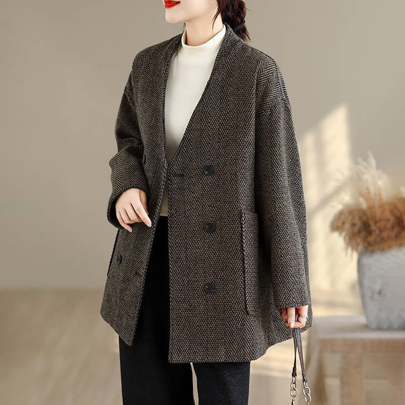 Buddha Stones Stripe V-Neck Cotton Long Sleeve Women's Coat With Pockets
