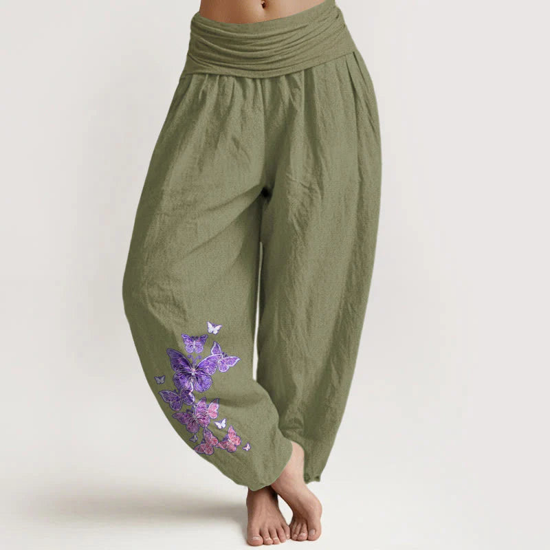 Buddha Stones Pure Cotton Pastel Butterfly Pattern Women's Elastic Waist Harem Pants