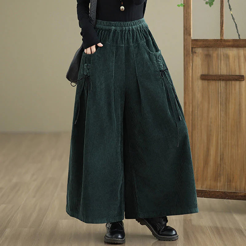 Buddha Stones Women's Pure Color Drawstring Design Wide Leg Corduroy Pants With Pockets