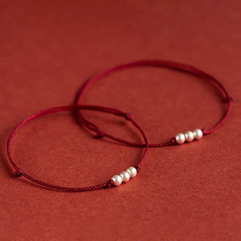 Buddha Stones 925 Sterling Silver Three Beads Protection String Bracelet Anklet