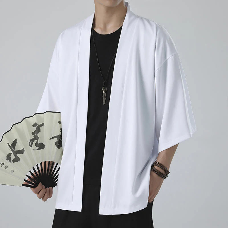 Buddha Stones Solid Color Open Front Jacket Men's Kimono