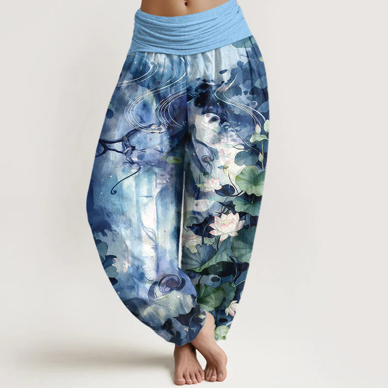Buddha Stones Pure Cotton Watercolor Style Lotus Flower Leaf Pattern Women's Elastic Waist Harem Pants