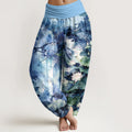 Buddha Stones Pure Cotton Watercolor Style Lotus Flower Leaf Pattern Women's Elastic Waist Harem Pants