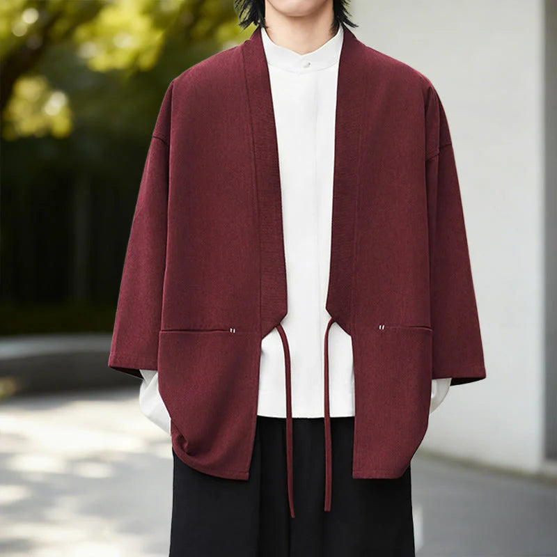 Buddha Stones Solid Color Open Front Long Sleeve Corduroy Jacket Men's Kimono Cotton Linen Shirt