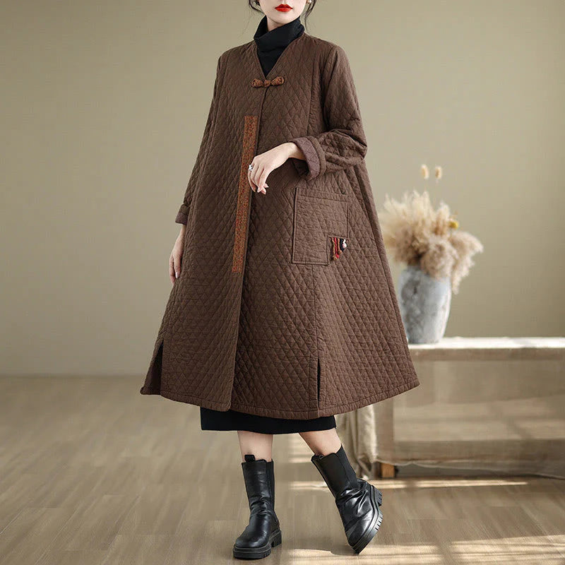 Buddha Stones Diamond Pattern Mid-length Women's Cotton Coat With Pockets