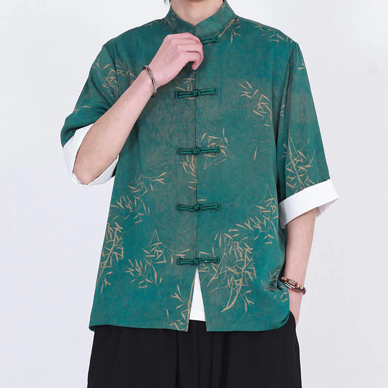 Buddha Stones Summer Bamboo Print Mandarin Collar Frog Buttons Men's Elbow-Length Sleeve Shirt