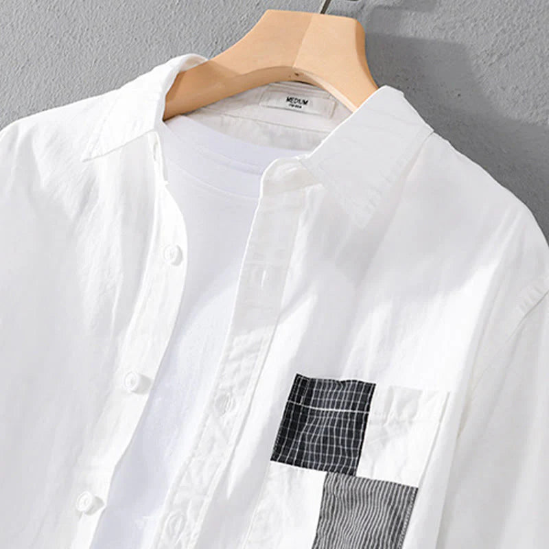 Buddha Stones Fall Square Color Blocking Decorative Pocket Buttons Down Stand Collar Long Sleeve Men's Cotton Shirt