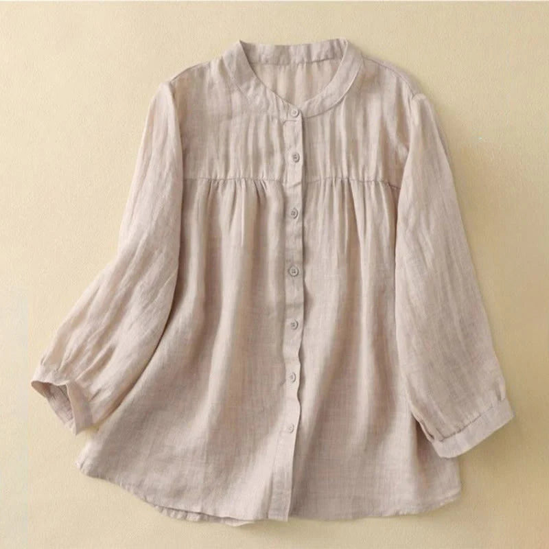 Buddha Stones Plain Crew Neck Buttons Design Three Quarter Sleeve Women's Shirt