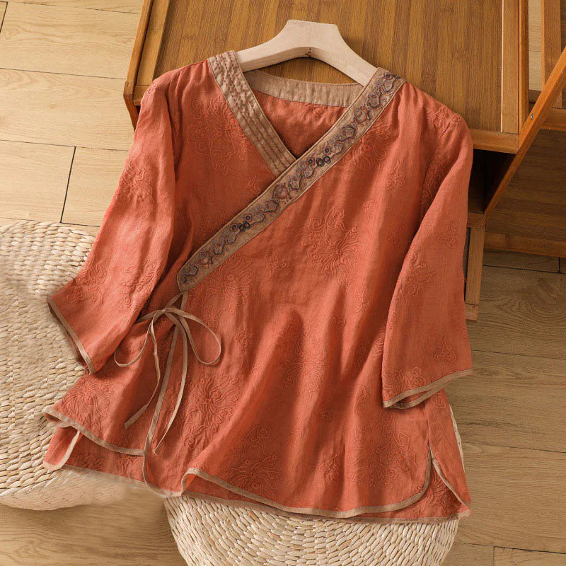 Buddha Stones Summer Vintage Embroidery Plant Floral Lace-Up Design V-Neck Women's Cotton Linen Shirt
