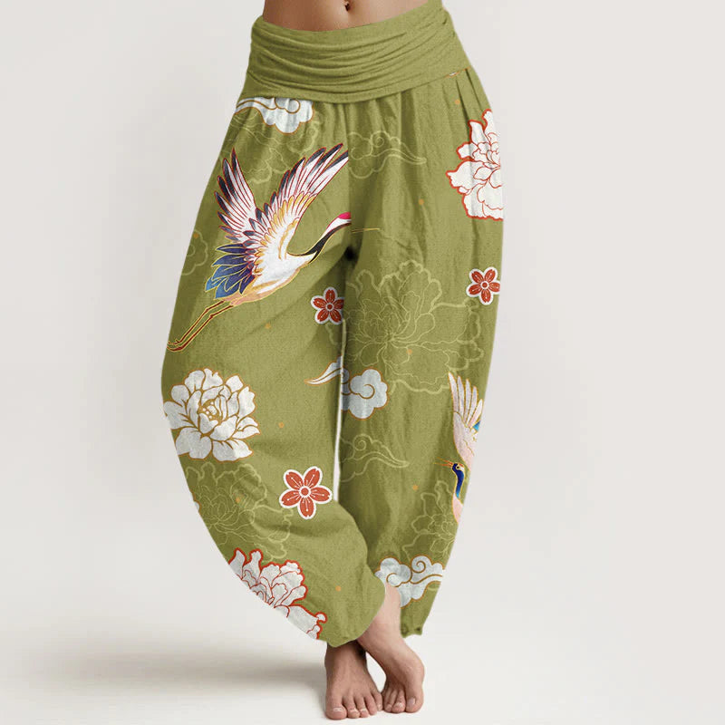 Buddha Stones Print Cranes Peonies Pattern Women's Elastic Waist Harem Pure Cotton Pants