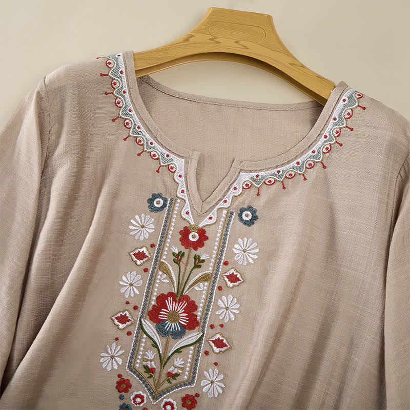 Buddha Stones Spring Boho Embroidered Cotton Linen Elbow-Length Sleeve Women's T-Shirts