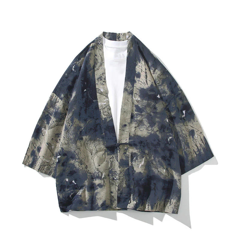 Buddha Stones Geometry Floral Stripes Butterfly Ink Open Front Half Sleeve Jacket Cotton Men's Kimono