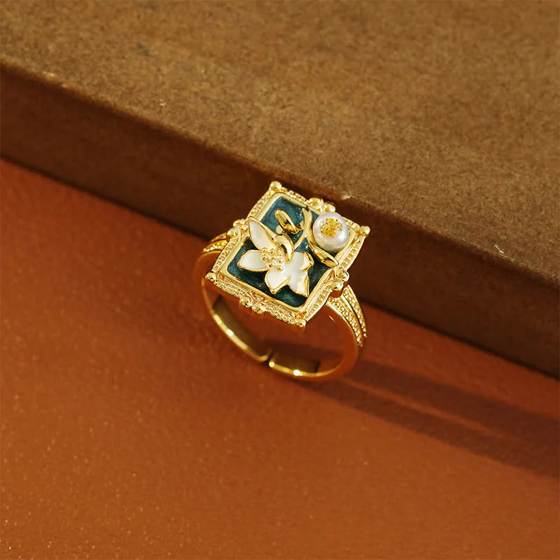 Buddha Stones Vintage Oil Painting Lotus Flower Pearl Copper Wealth Ring