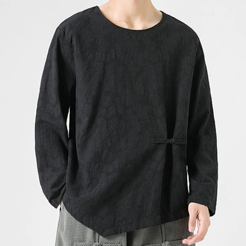 Buddha Stones Men's Chinese Frog-Button Plain Design Cotton Long Sleeve T-Shirt Zen Clothing