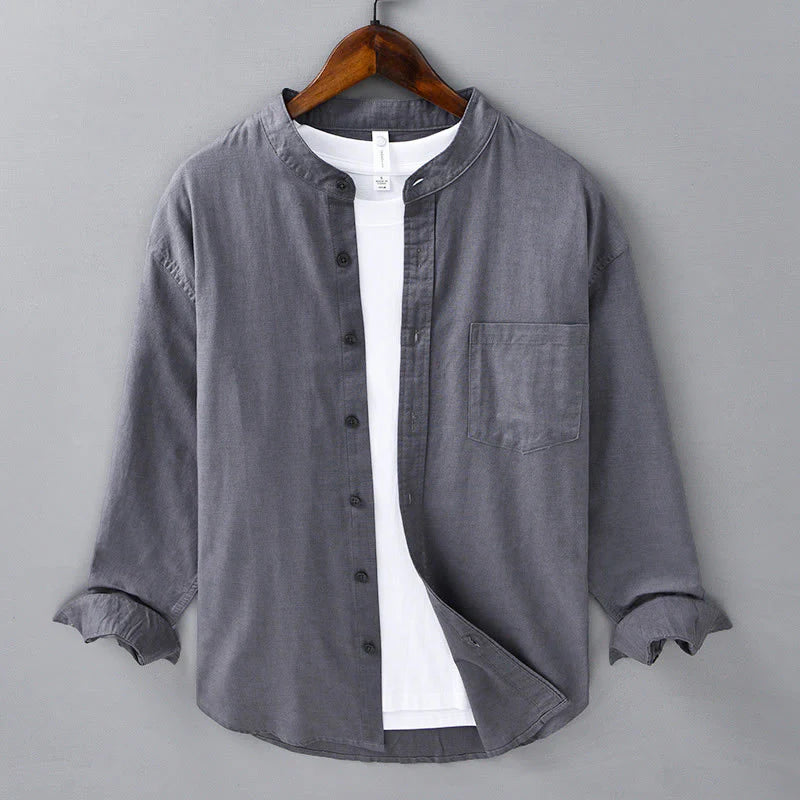 Buddha Stones Men's Long Sleeve Stand Collar With Pocket Pure Color Casual Cotton Linen Shirt