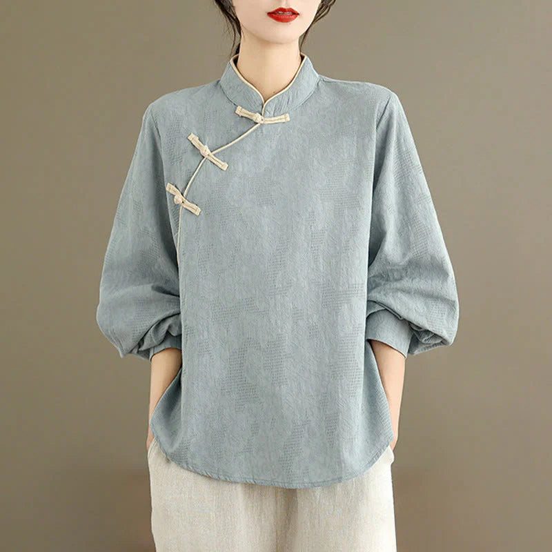 Buddha Stones Spring Traditional Floral Frog-Button Stand Collar Long Sleeve Women's Cotton Shirt