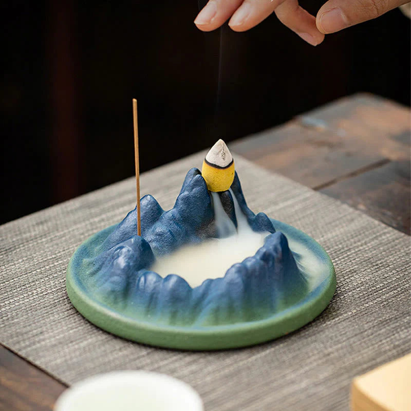 Buddha Stones Creative Mountain River Ceramic Healing Backflow Incense Burner