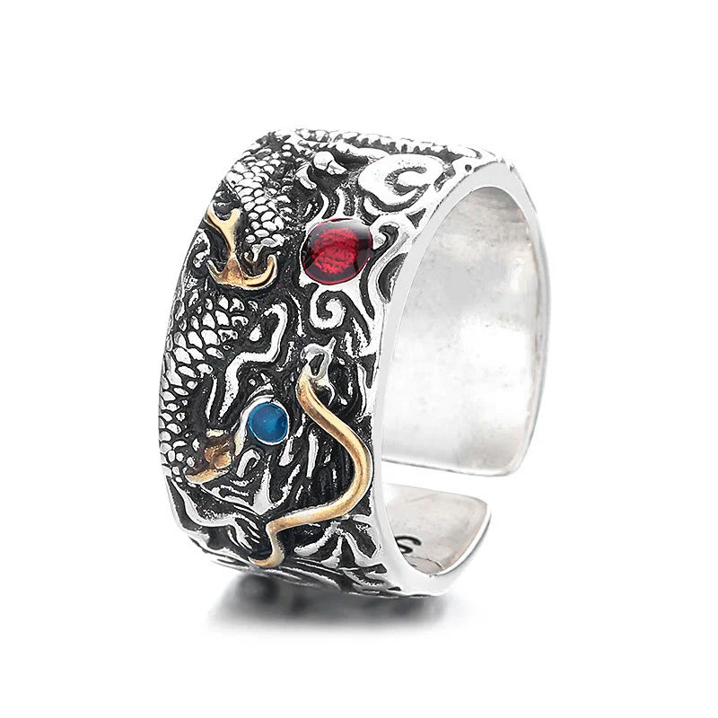Buddha Stones Vintage Dragon Pattern Copper Plated Silver Balance Ring