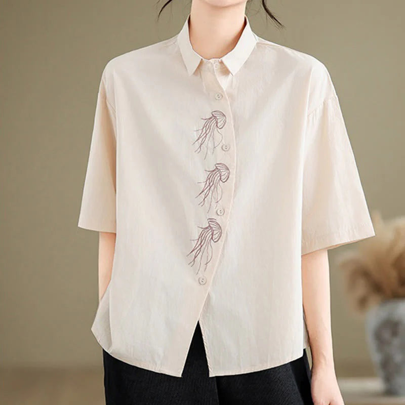 Buddha Stones Casual Women's Embroidered Jellyfish Pattern Stand Collar Buttons Design Half Sleeve Cotton Shirt