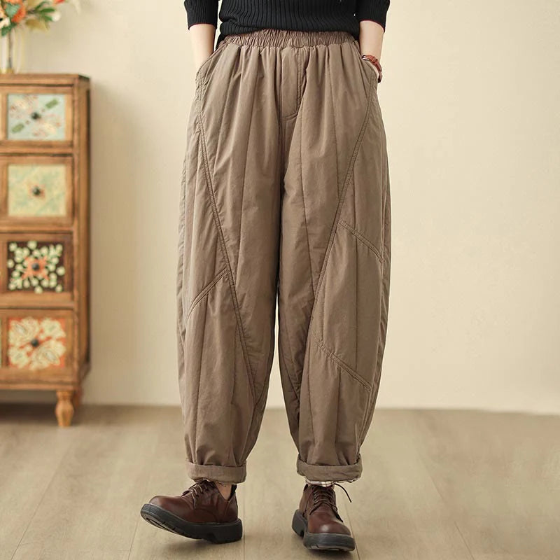 Buddha Stones Winter Plain High Waist Cotton Women's Harem Thermal Elastic Waist Pants With Pockets