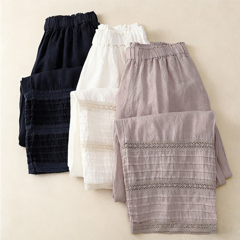 Buddha Stones Spring Elastic Waist Lace Pleated Hem Cotton Women's Pants With Pockets