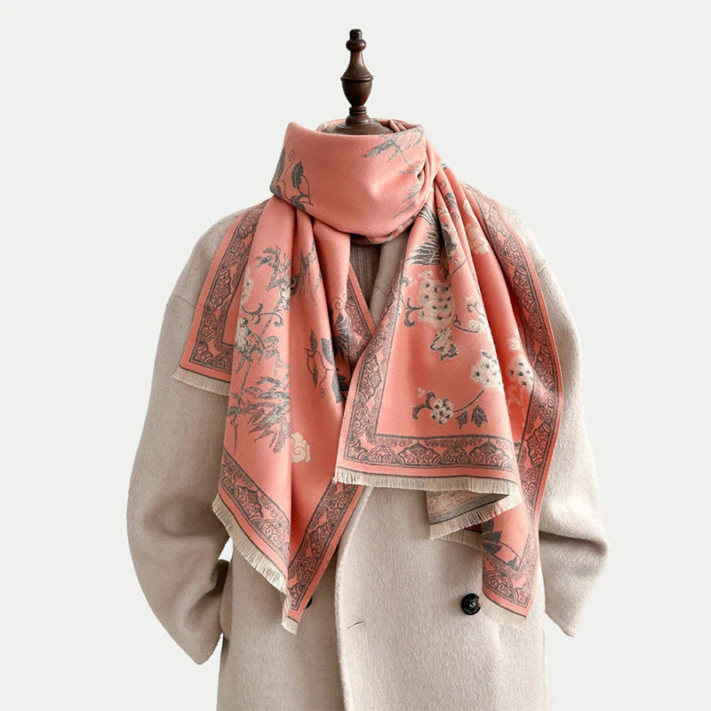 Buddha Stones Winter Birds Bamboo Leaves Vines Pattern Soft Scarf Shawl