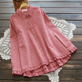 Buddha Stones Spring Plaid Ruffled Hem Design Long Sleeve Women's Cotton Buttons Shirt