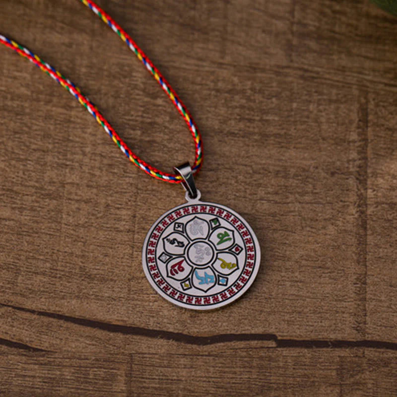 Buddha Stones Colorful Om Mani Padme Hum Titanium Steel Protection Rope Necklace Pendant