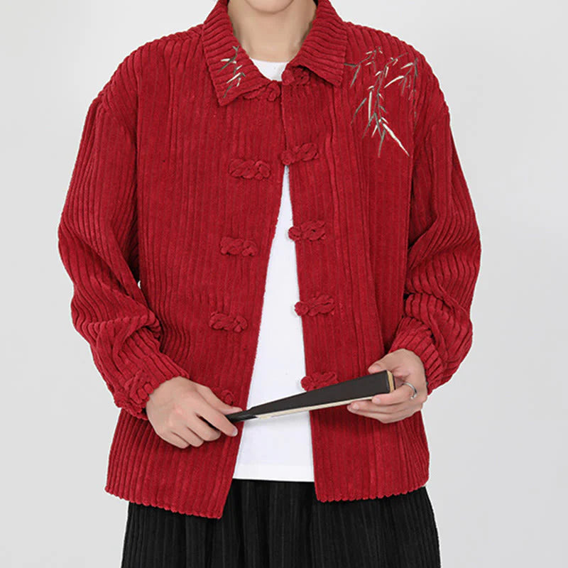 Buddha Stones Embroidery Bamboo Pattern Frog-Button Desgin Long Sleeve Men's Cotton Corduroy Jacket