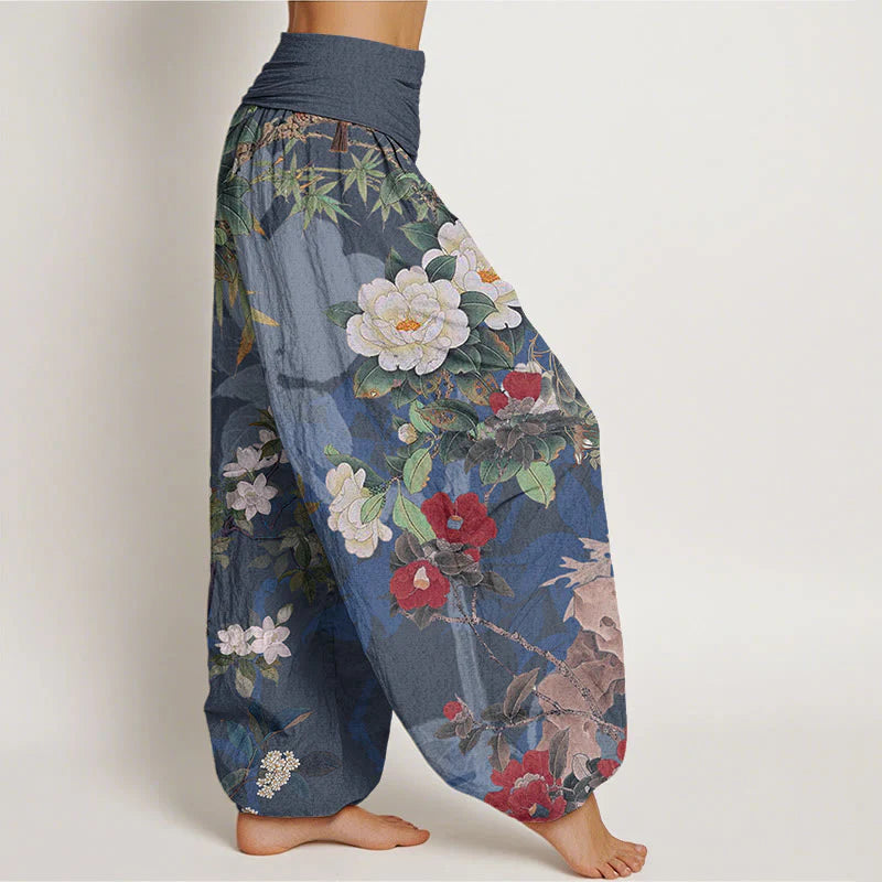 Buddha Stones Cotton Casual Peony Flowers Leaves Magpie Women's Elastic Waist Harem Pants