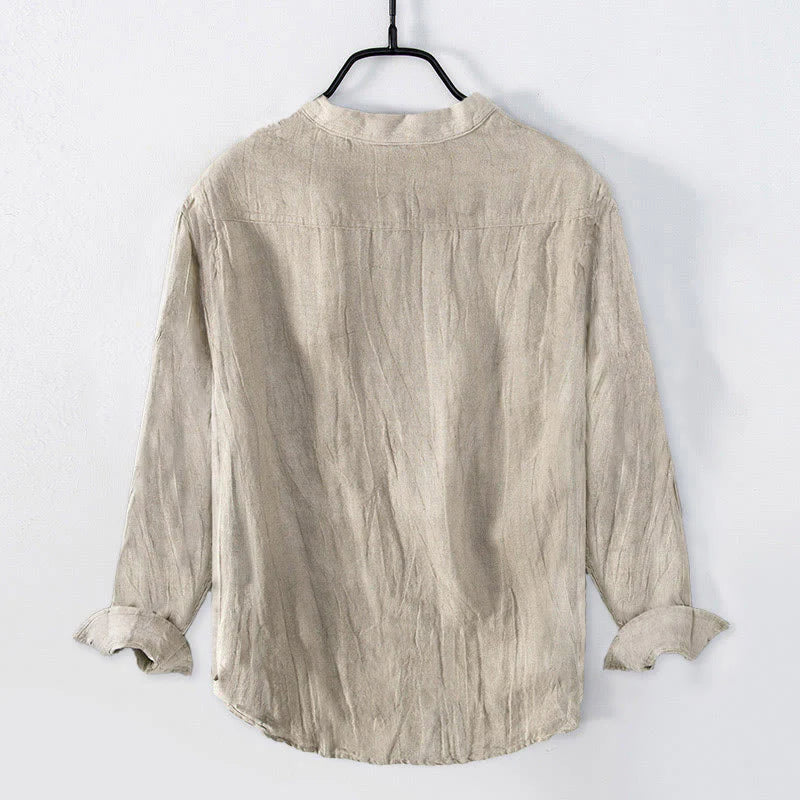Buddha Stones Solid Color Long Sleeve Half Button Shirt Cotton Linen Men Clothing