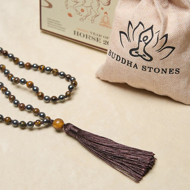 Buddha Stones 108 Beads Tiger Eye Hematite Tassel Courage Strength Mala