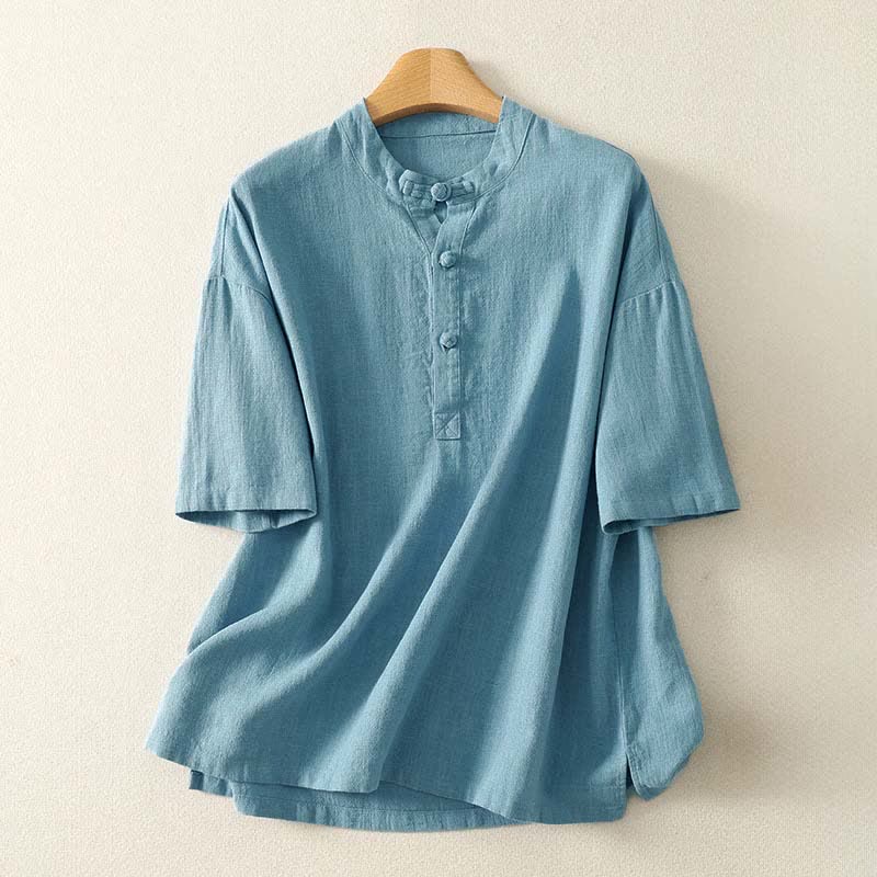 Buddha Stones Summer Stand Collar Buttons Cotton Women's Short Sleeve Shirt