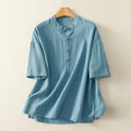 Buddha Stones Summer Stand Collar Buttons Cotton Women's Short Sleeve Shirt