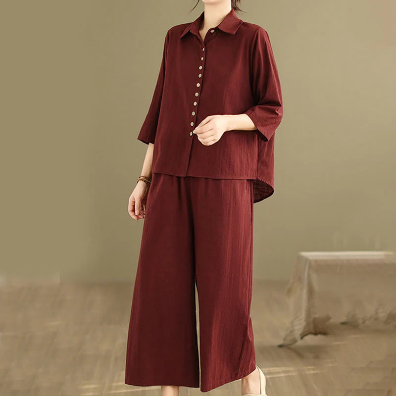 Buddha Stones 2pcs Casual Women's Stand Collar Shirt Loose Pants Meditation Clothing Set